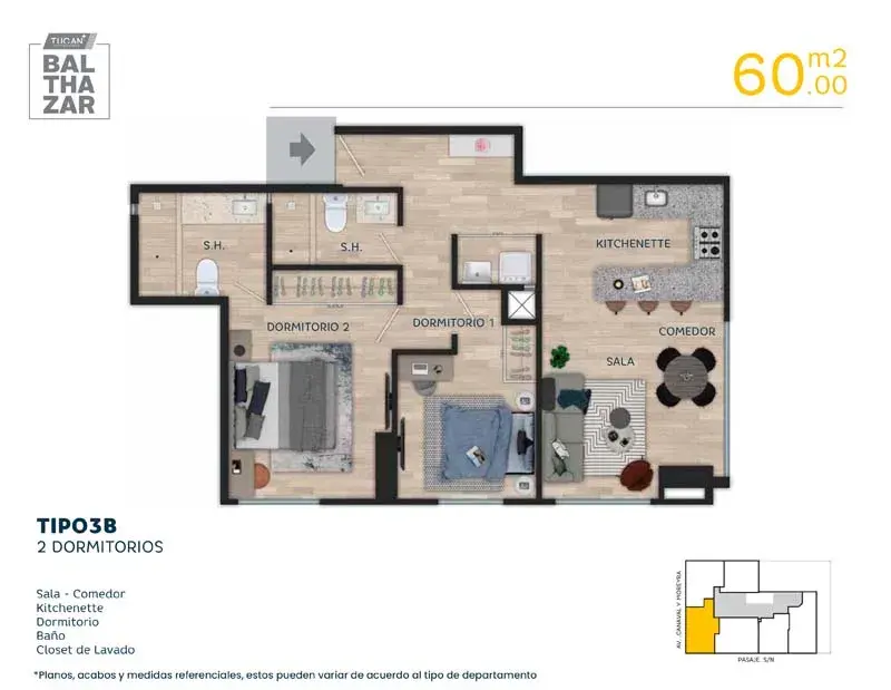 2 dormitorios 60.00 m2
