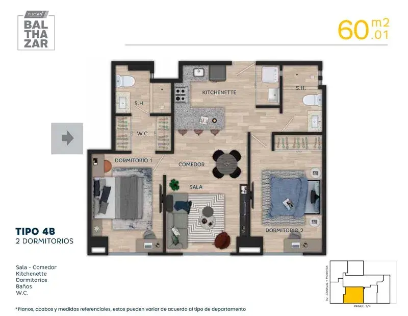2 dormitorios 60.01 m2